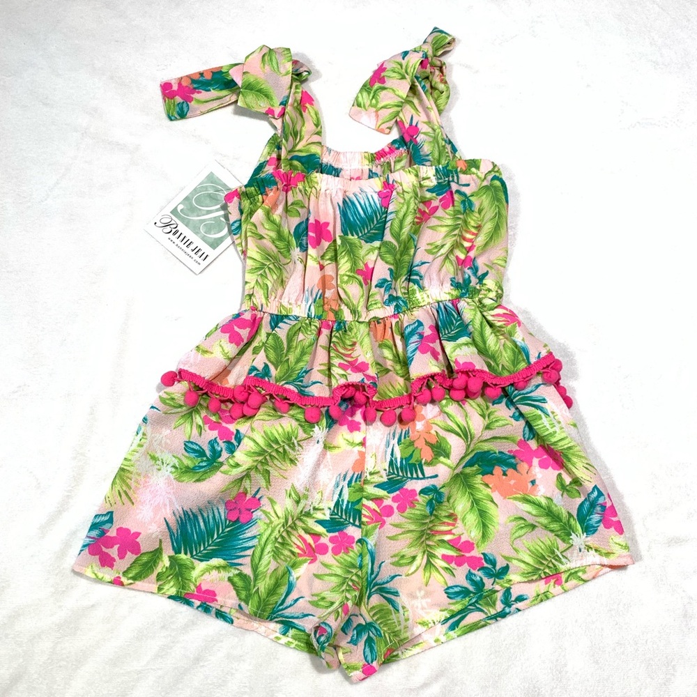 NWT Bonnie Jean Pink Floral Print Pom Pom Romper